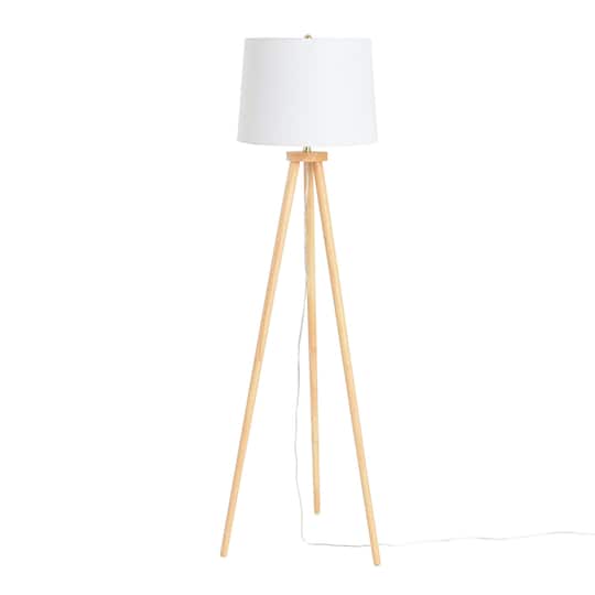 Mid-Century Modern Tripod Wood Floor Lamp with Linen Shade